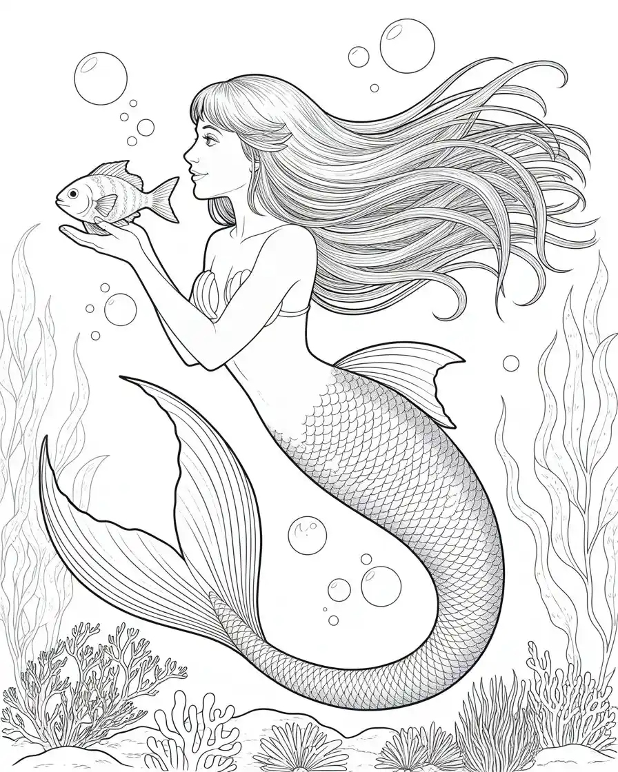 mermaid with flowing straight hair swimming with a fish