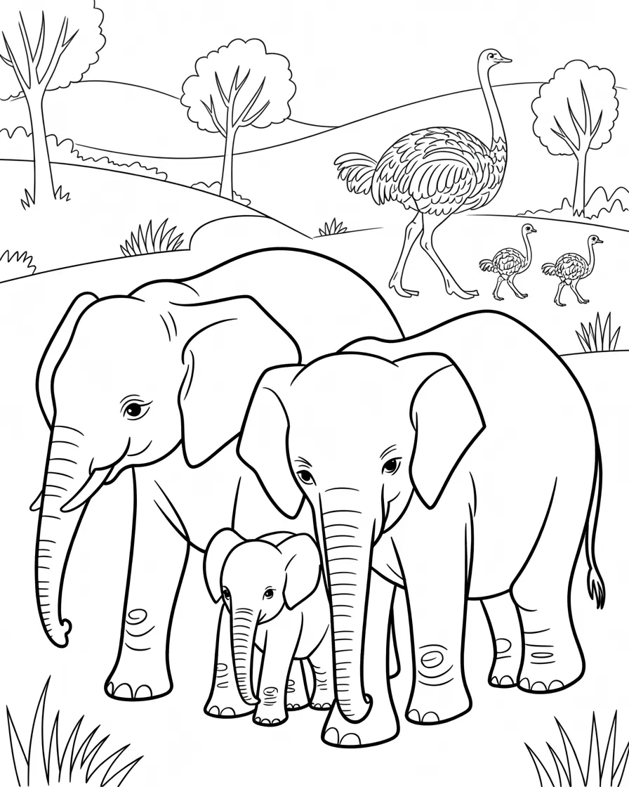 ostriches and elephants in zoo coloring pages