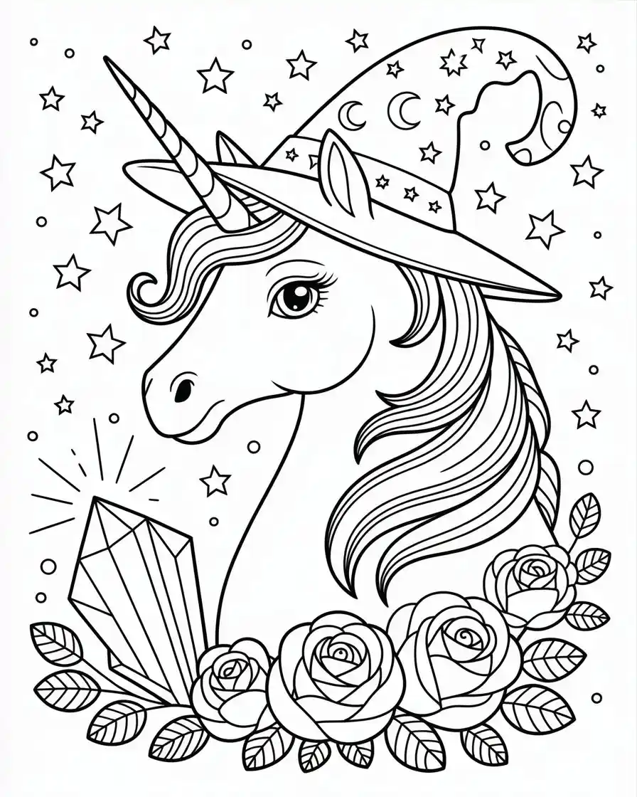 Unicorn Coloring Pages 27 pretty unicorn portrait with roses crystals and stars coloring page