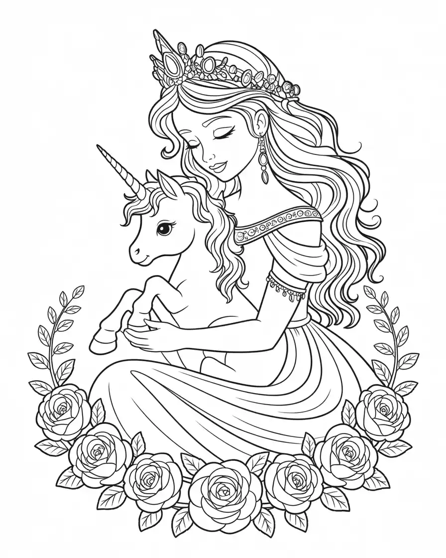 Unicorn Coloring Pages 28 princess holding a baby unicorn with roses around her 1