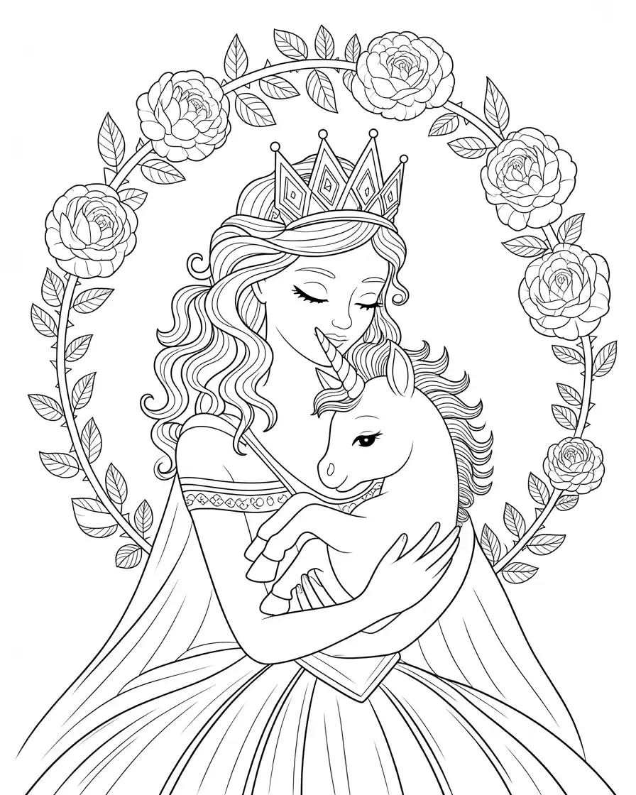 Unicorn Coloring Pages 29 princess holding a baby unicorn with roses around her