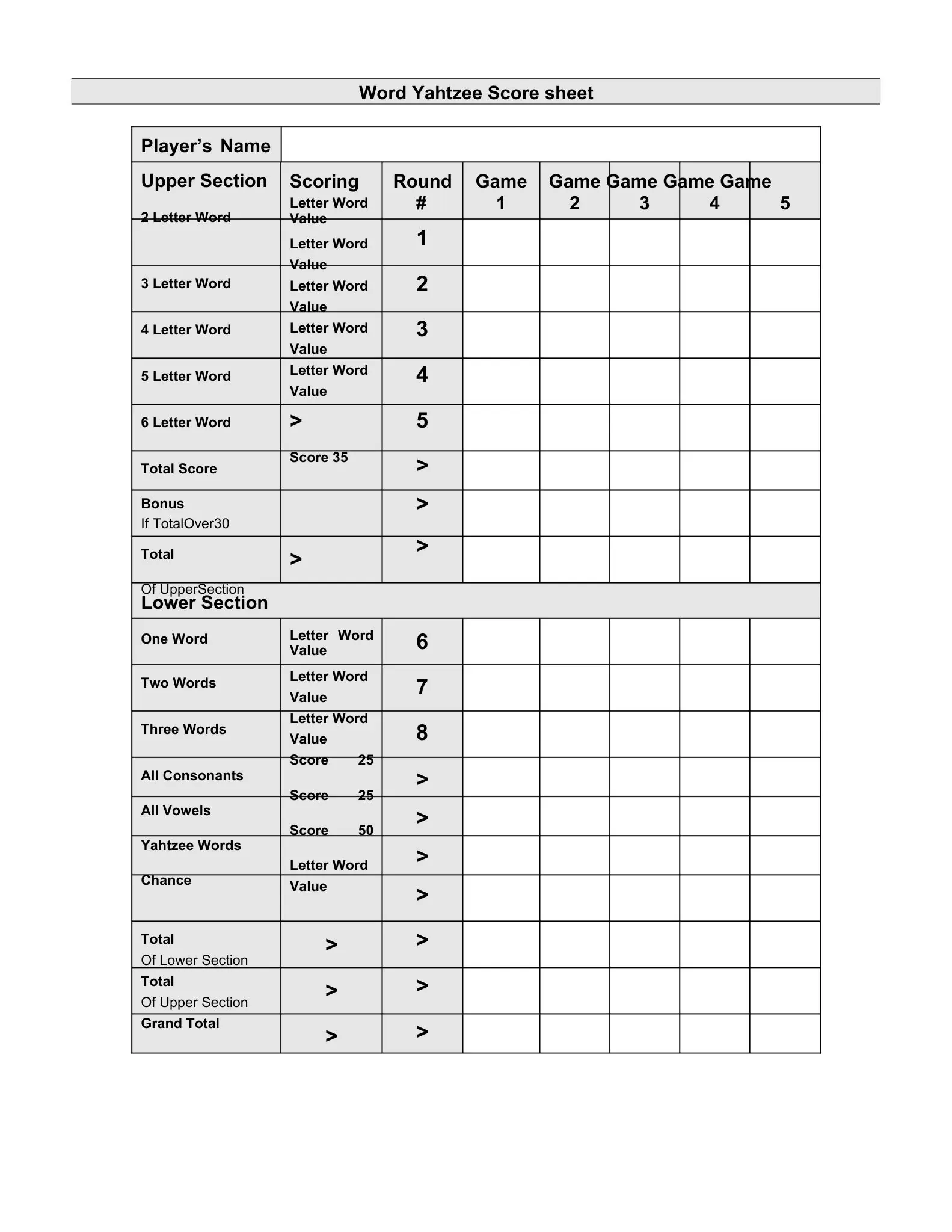 Scoring Sheets 36 printable word yahtzee score sheet