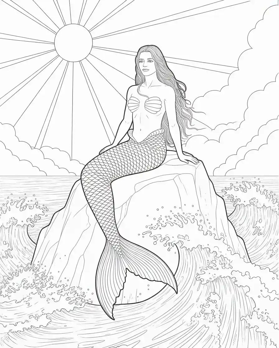 realistic mermaid sitting on a rock with crashing waves 1