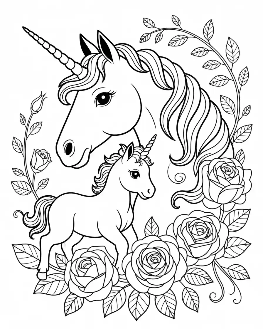 Unicorn Coloring Pages 32 realistic unicorns with roses