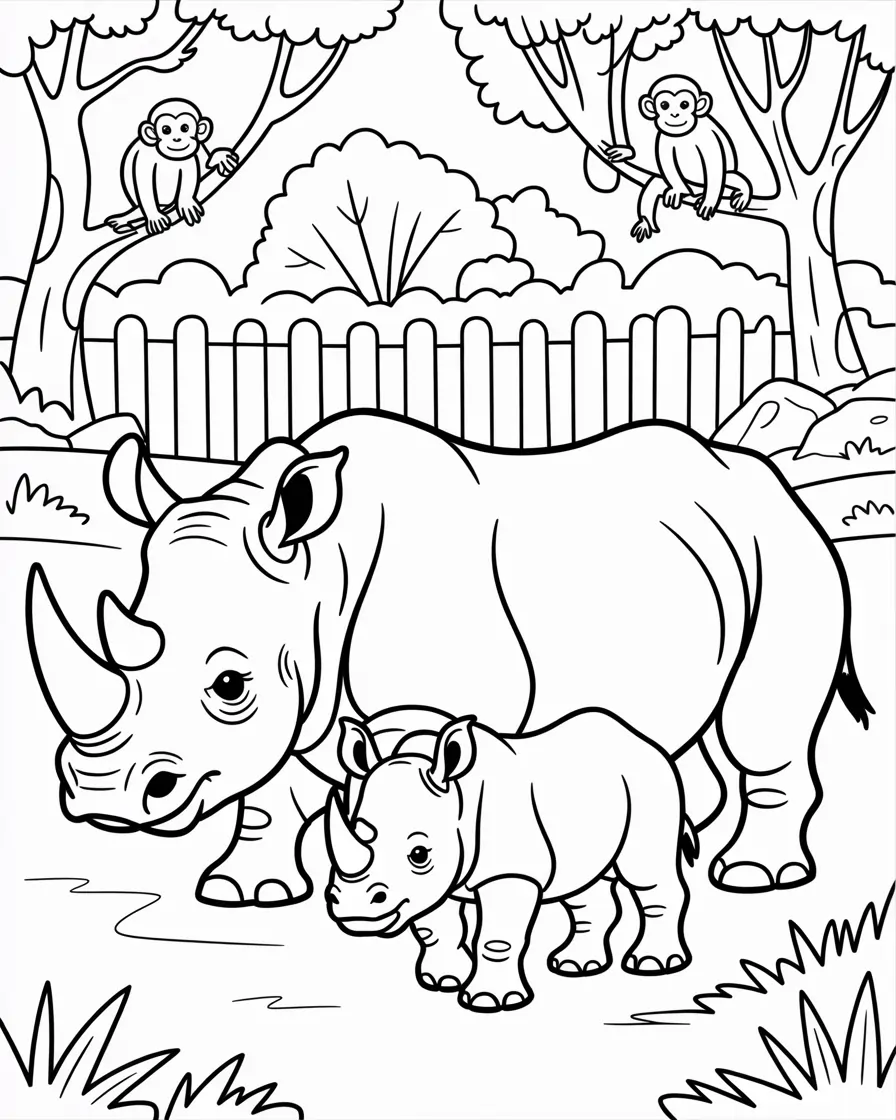 rhinoceros and monkeys in zoo coloring pages