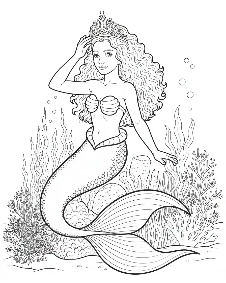 royal mermaid with tiara and curly hair