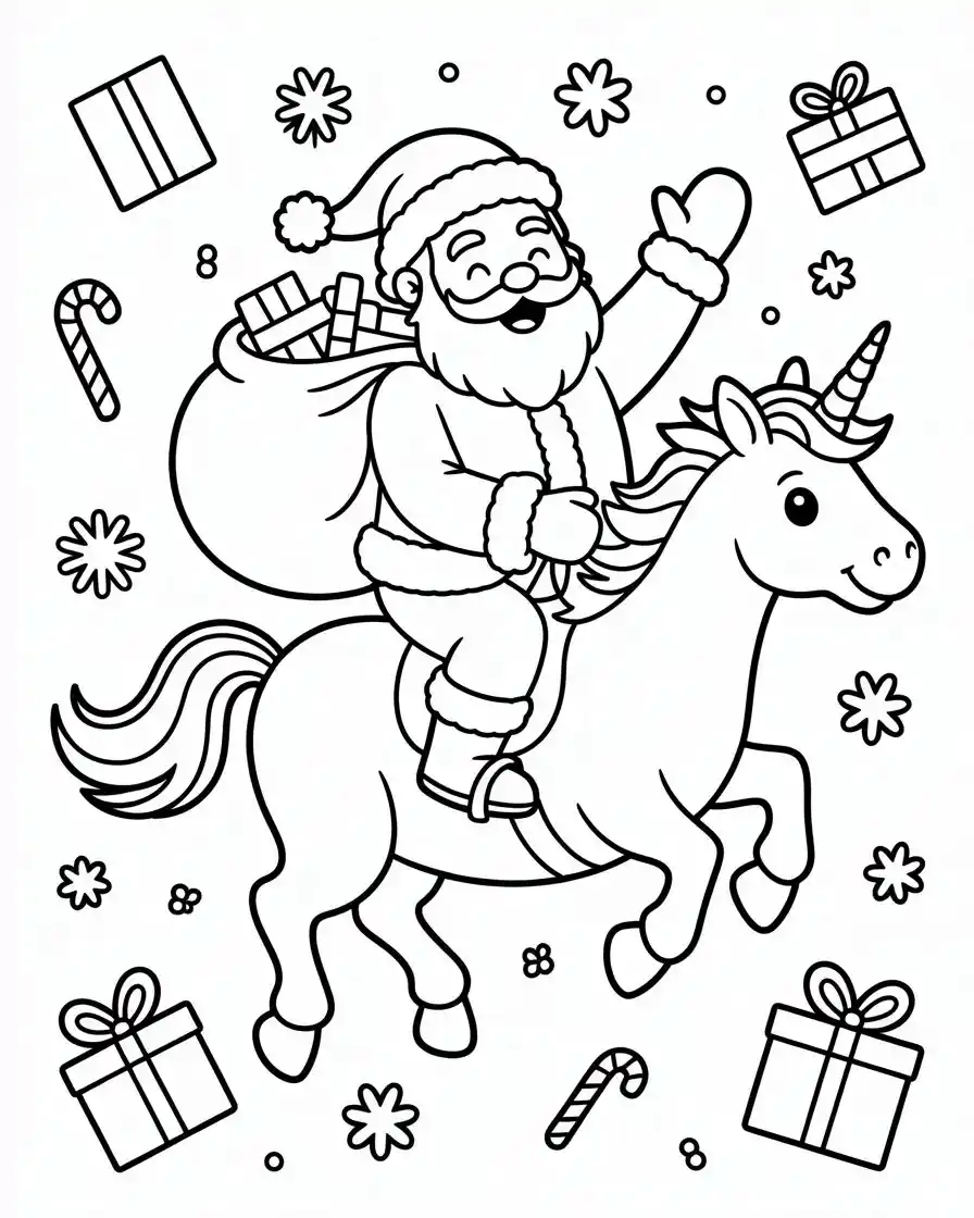 Unicorn Coloring Pages 34 santa carrying a sack of gifts while riding a unicorn coloring sheet