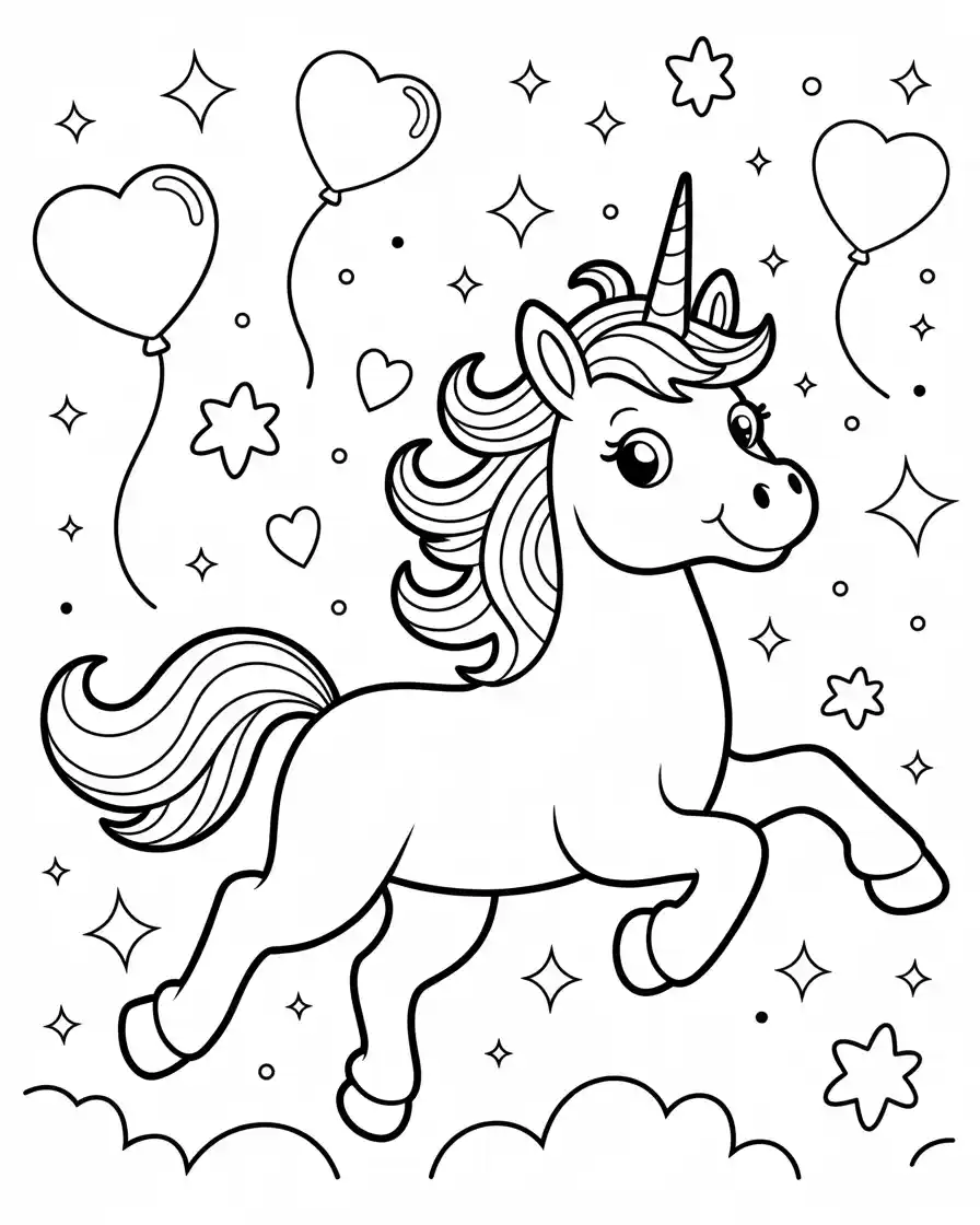 Unicorn Coloring Pages 35 sassy unicorn trotting with stars and balloons in the background