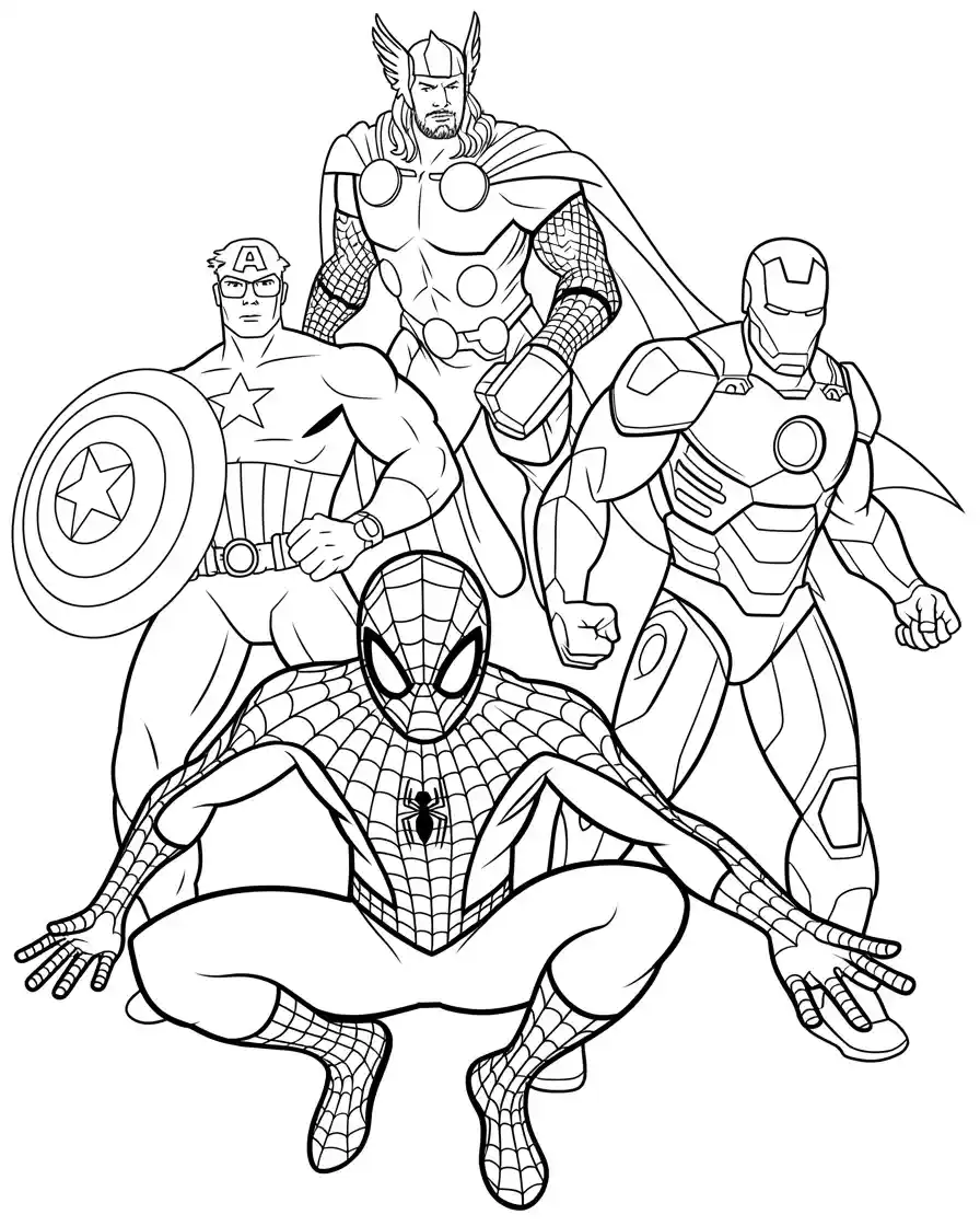 Spiderman Coloring Pages 5 spiderman with thor captain america and iron man