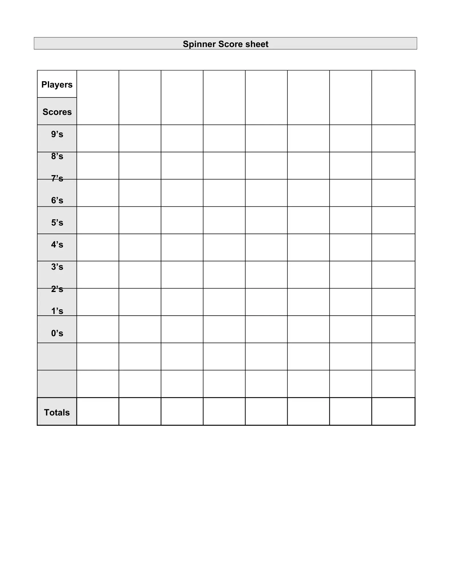 Scoring Sheets 40 spinner score sheet