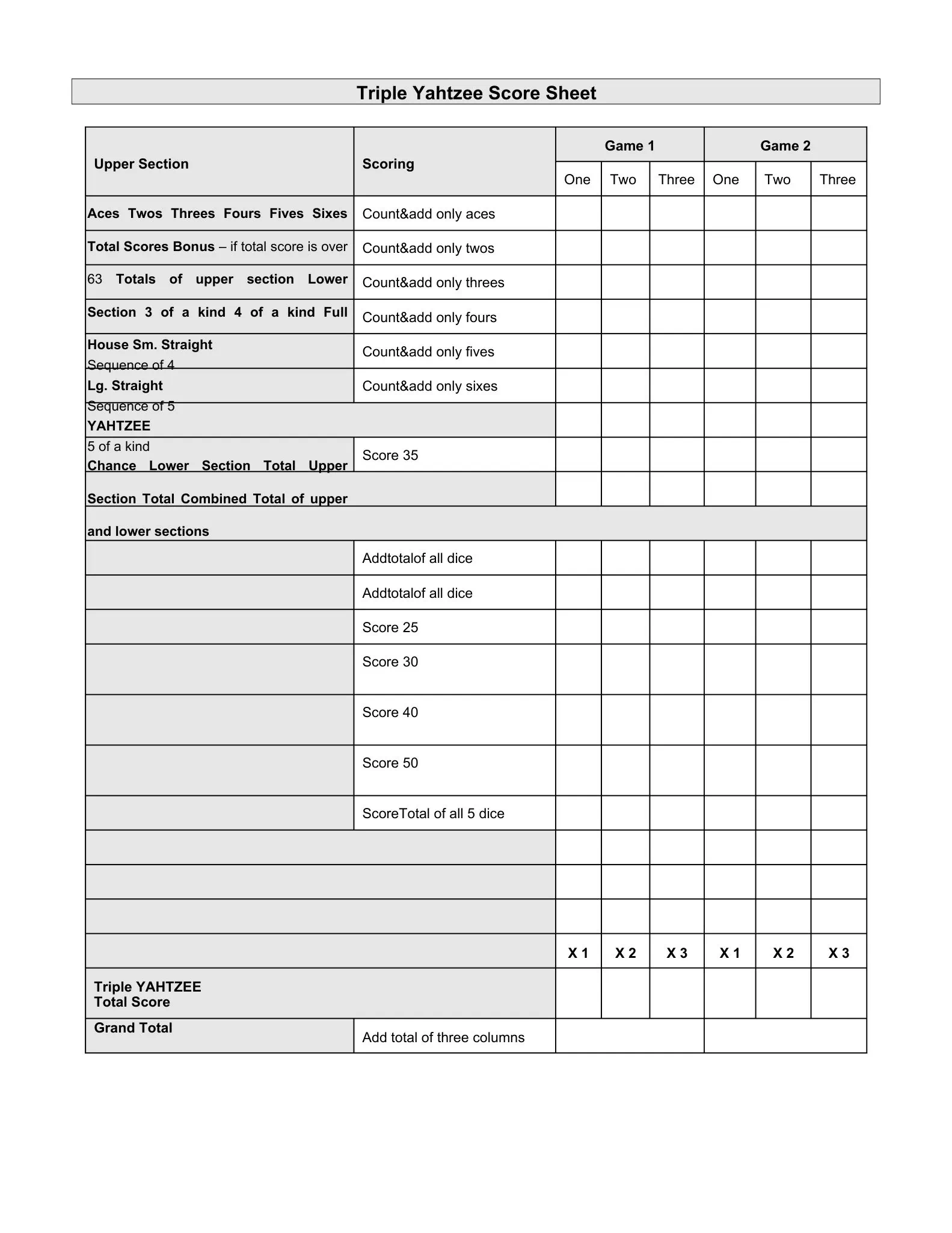 Scoring Sheets 42 triple yahtzee scoring sheets