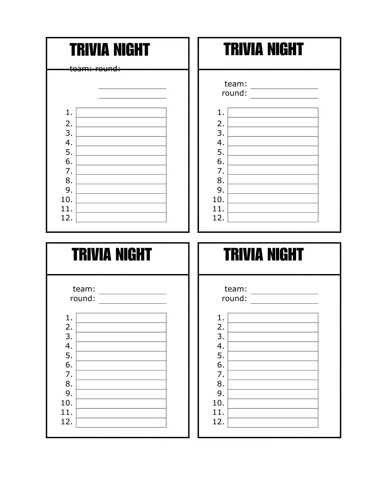 Scoring Sheets 43 trivia night score sheet