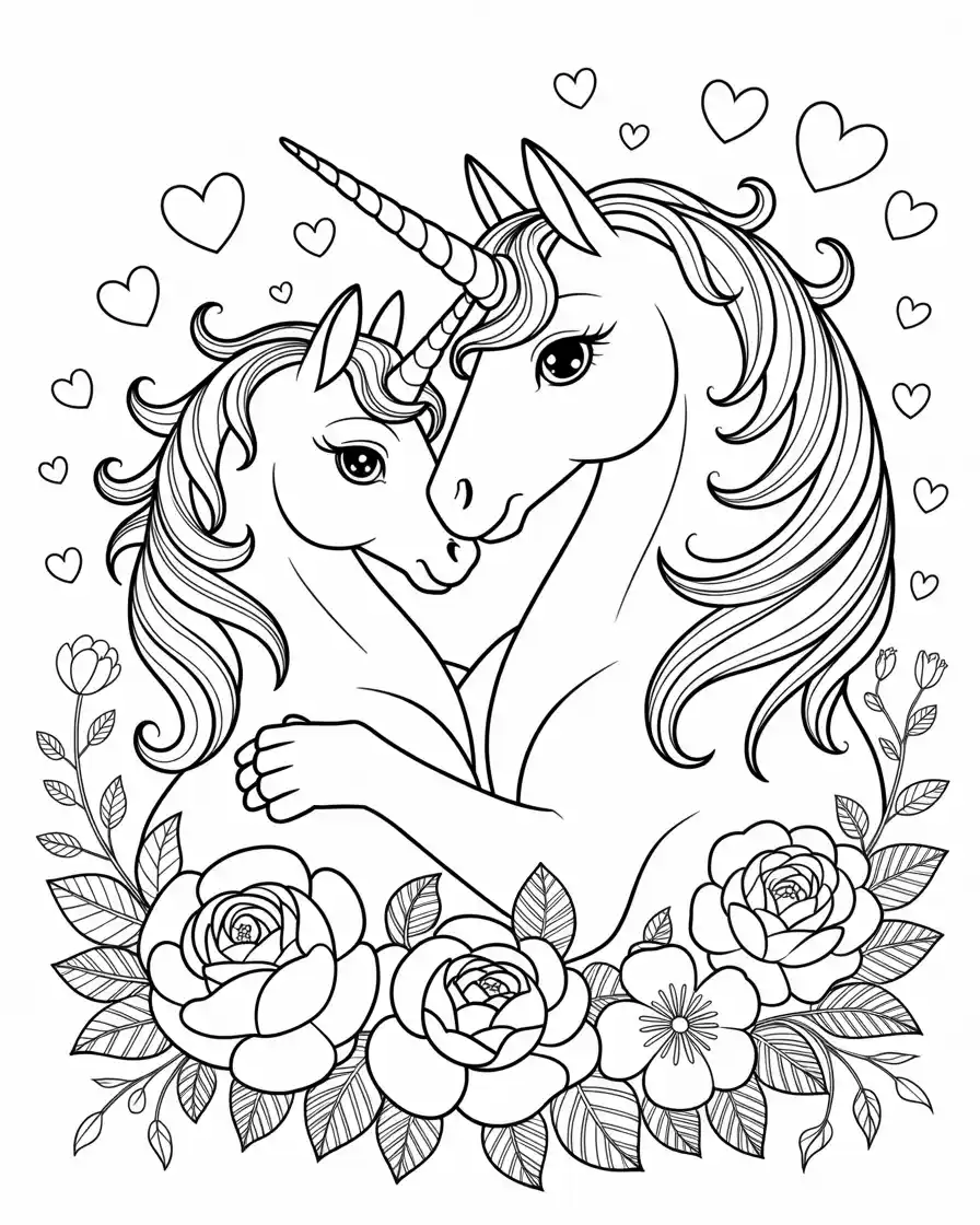 Unicorn Coloring Pages 37 two detailed unicorns embracing coloring sheet