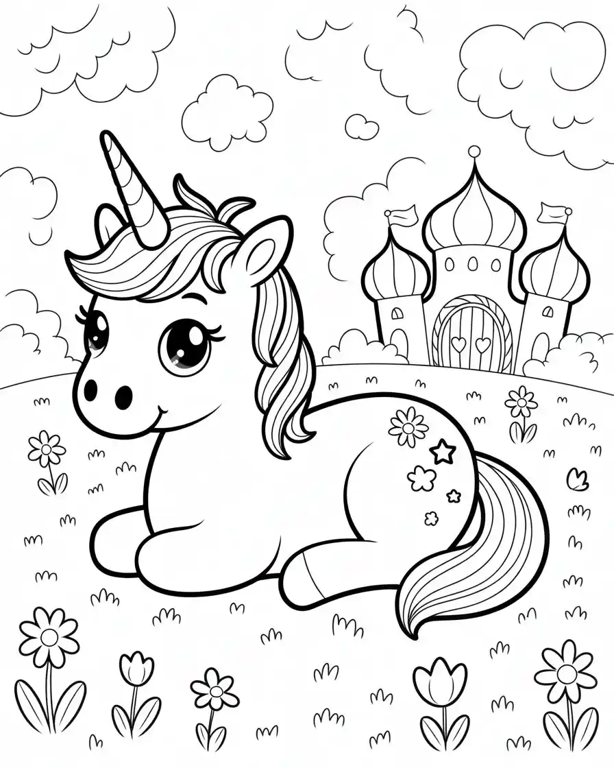 Unicorn Coloring Pages 47 unicorn sitting in field of flowers