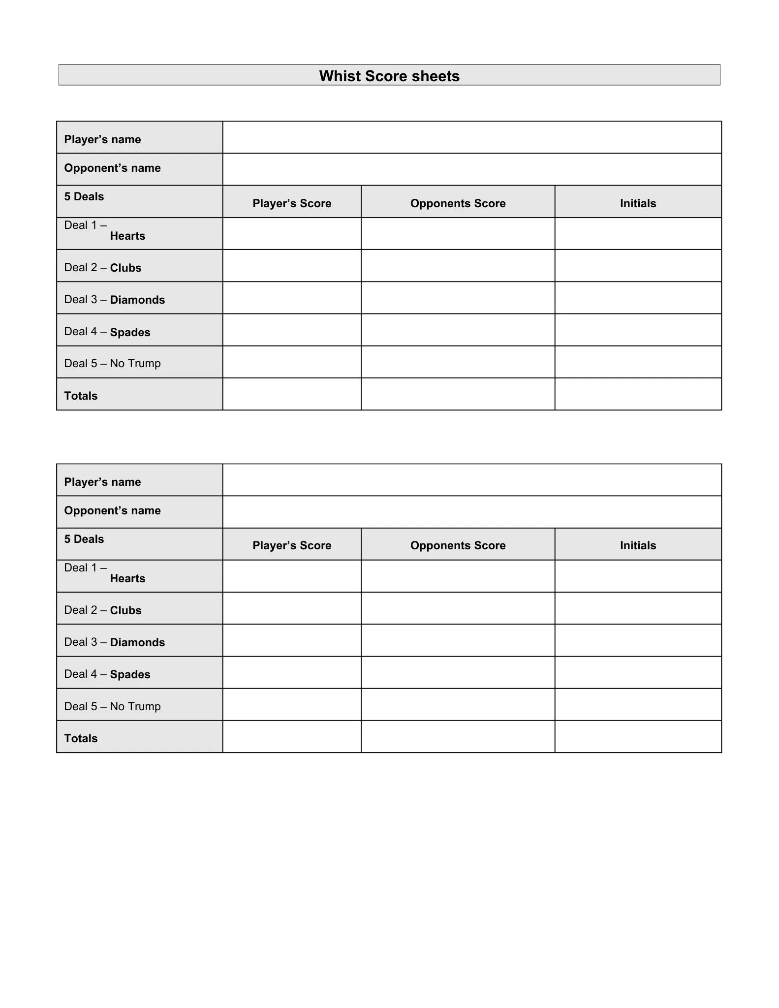 Scoring Sheets 45 whist scorsheet