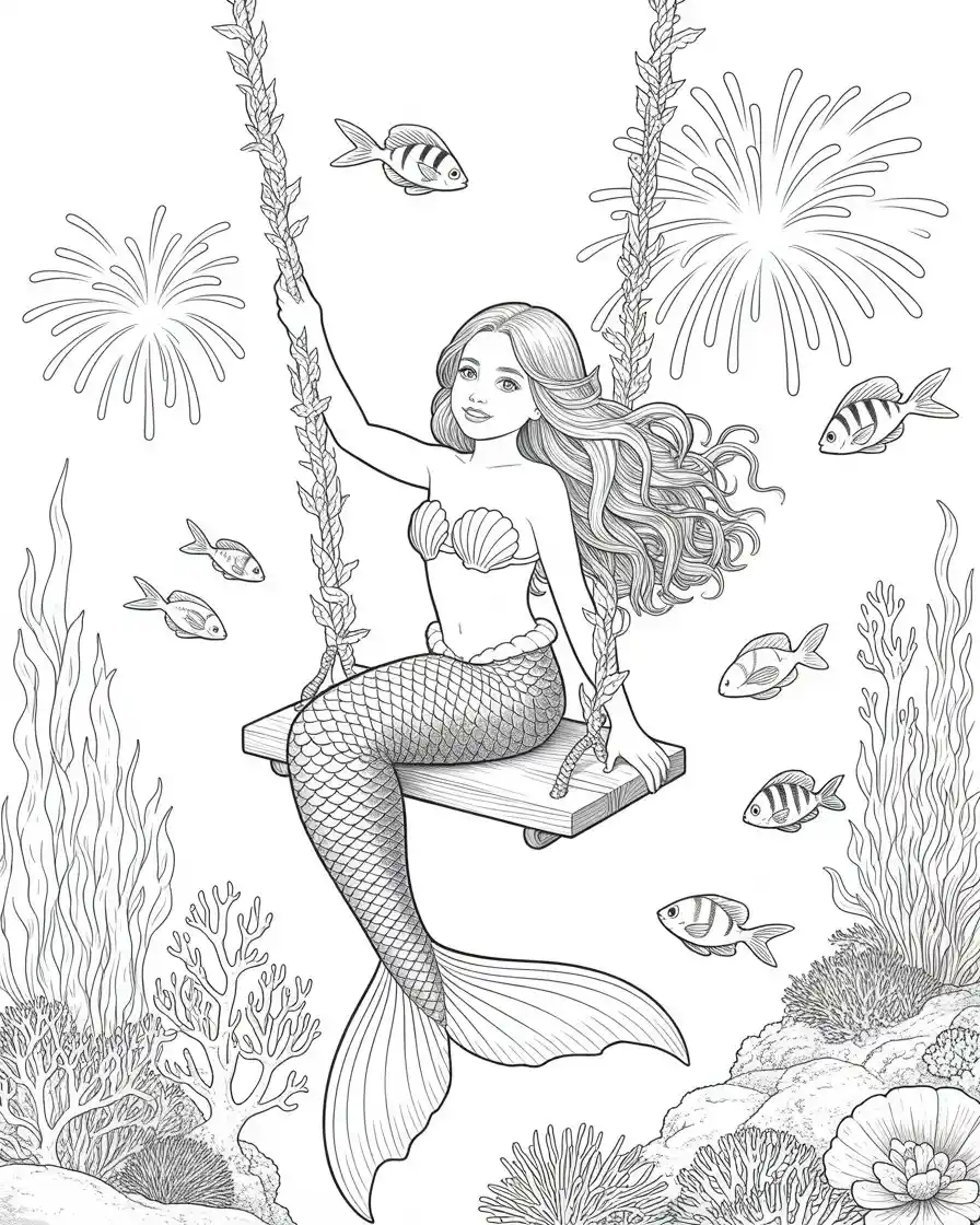 young mermaid with fireworks in the sea