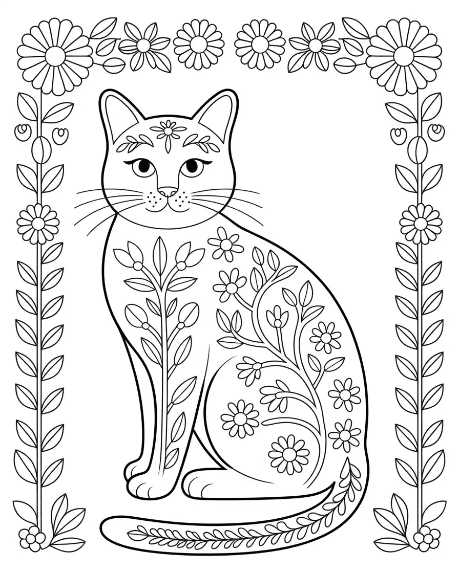 artistic cat with ornamental floral details