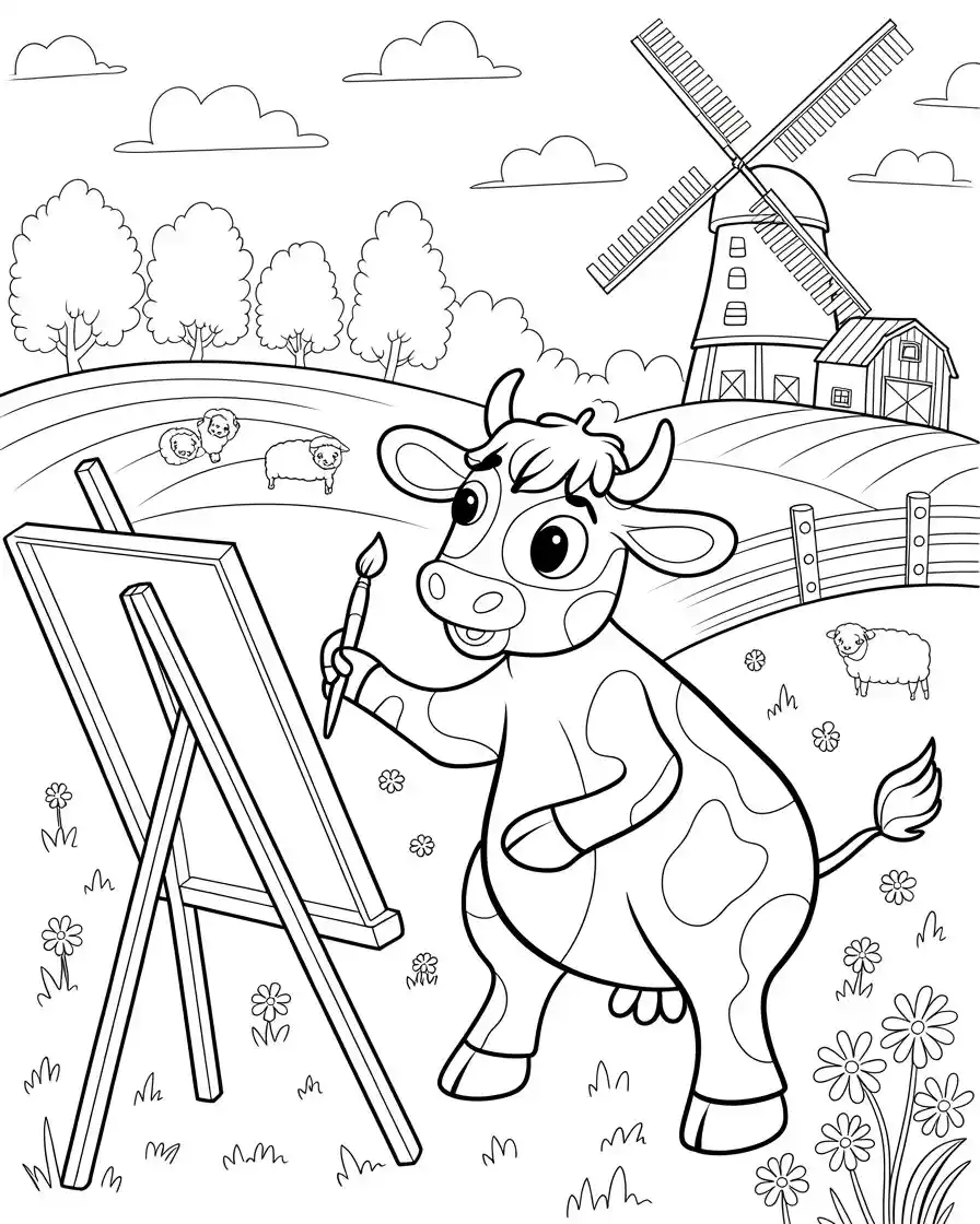 artistic cow painting a science farm landscape