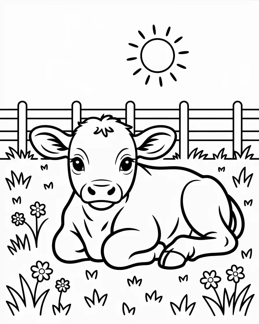 baby calf resting in field to color 1