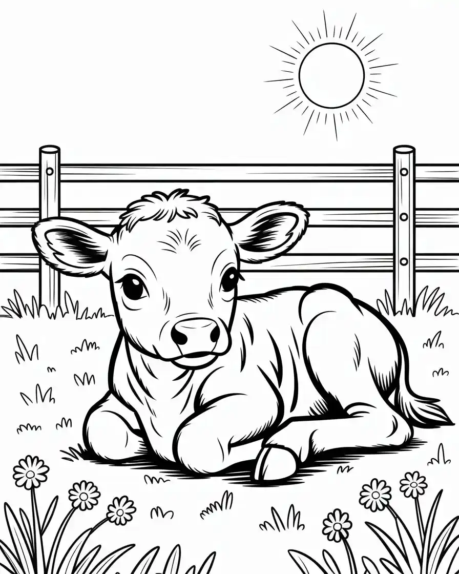 baby calf resting in field to color