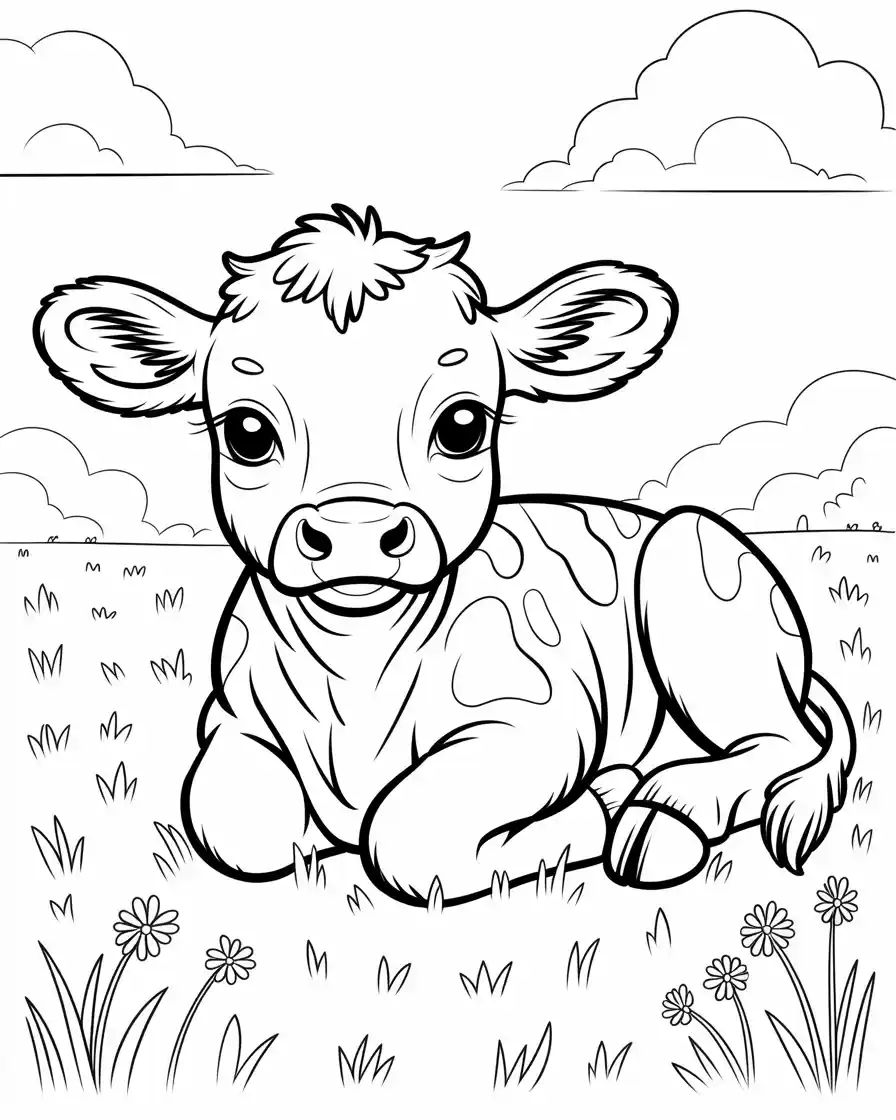 baby cow resting in grass coloring page