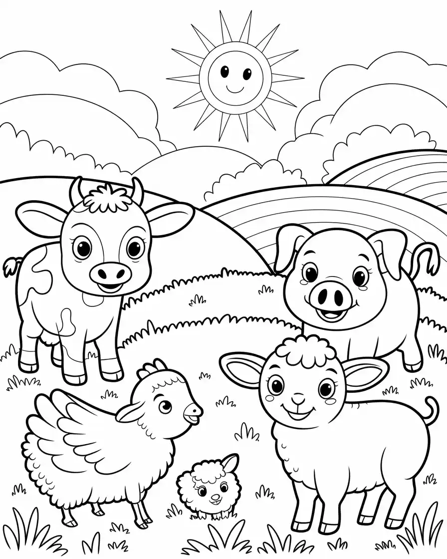 baby cow with pig chicken and lamb coloring sheet