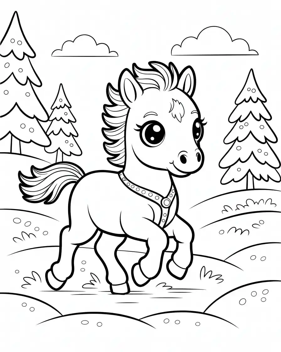 Horse Coloring Pages 3 baby horse trotting in forest coloring page 1