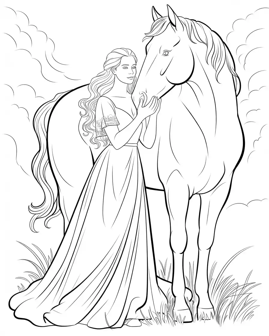 Horse Coloring Pages 7 beautiful lady holding her horse coloring sheet 3