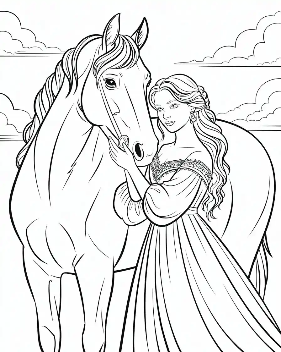 Horse Coloring Pages 8 beautiful lady holding her horse coloring sheet