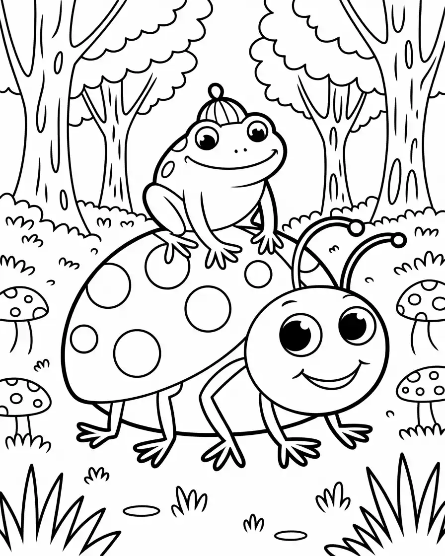Frog Coloring Pages 2 big ladybug carrying a frog on its back