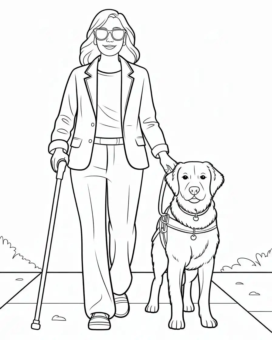 Dog Coloring Pages 20 blind woman with service dog coloring page 1