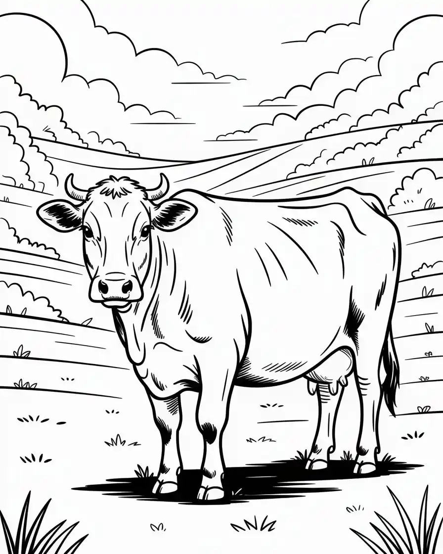 brown swiss cow standing in field coloring page