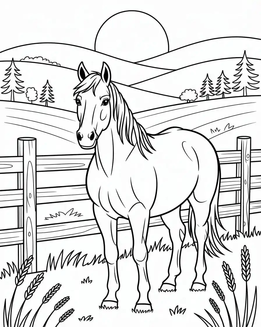 Horse Coloring Pages 9 calm horse in fenced meadow coloring page 1