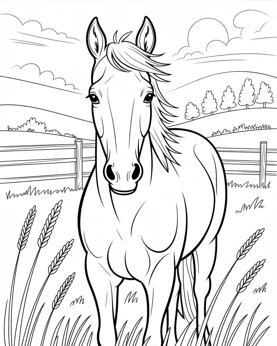 Horse Coloring Pages 10 calm horse in fenced meadow coloring page 2
