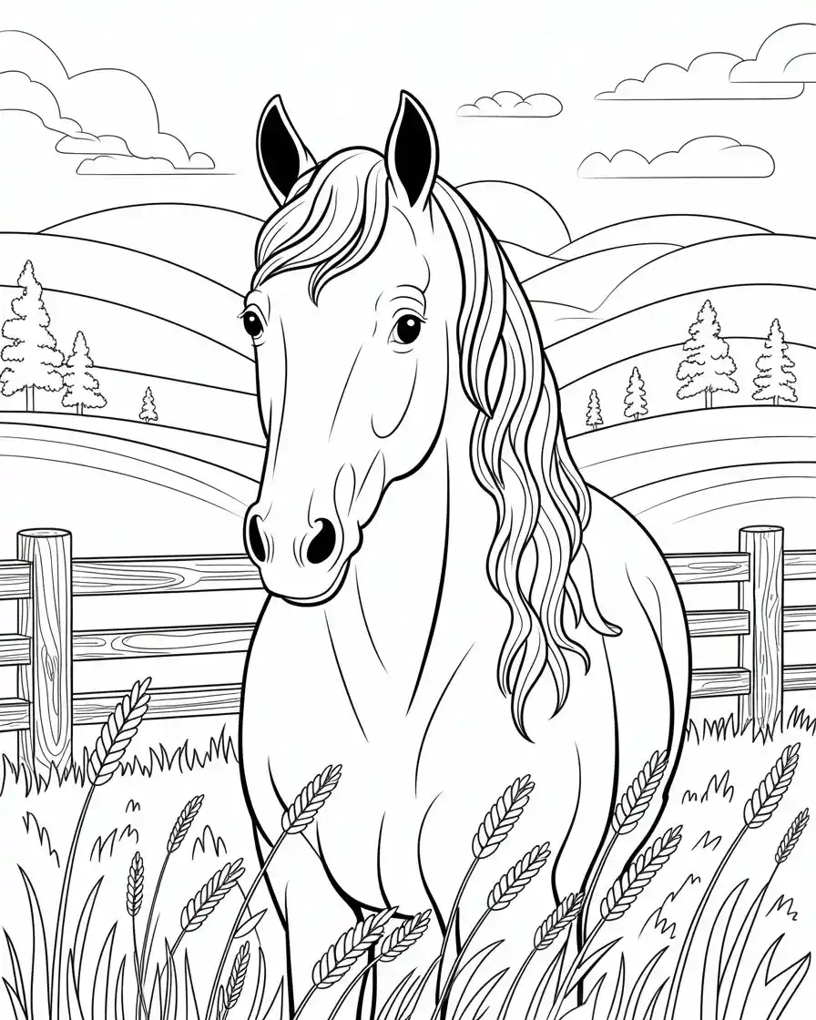 Horse Coloring Pages 11 calm horse in fenced meadow coloring page