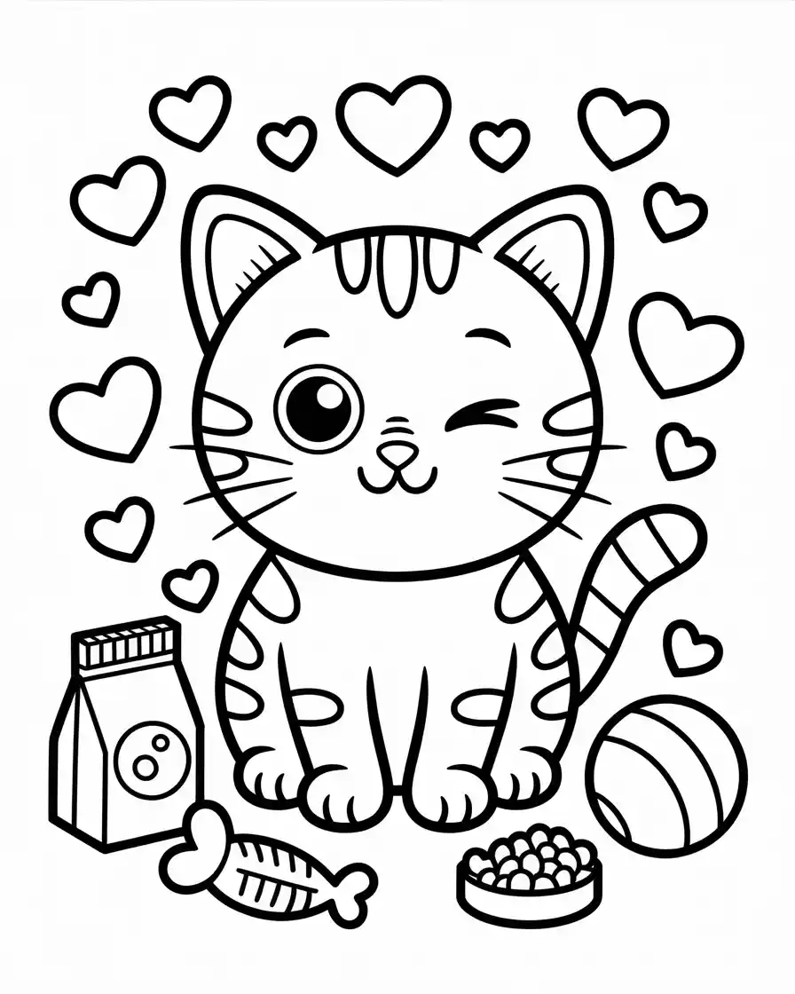 cartoon cat with food and toys coloring page 1