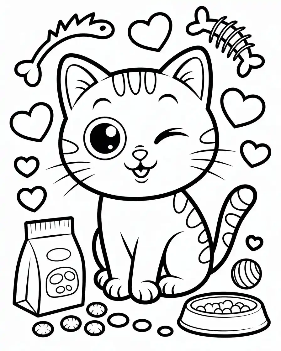 cartoon cat with food and toys coloring page