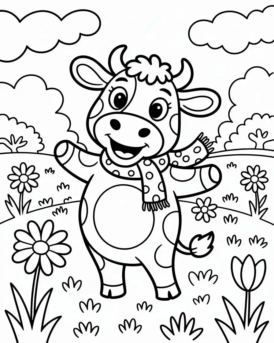 cartoon cow with polka dot scarf