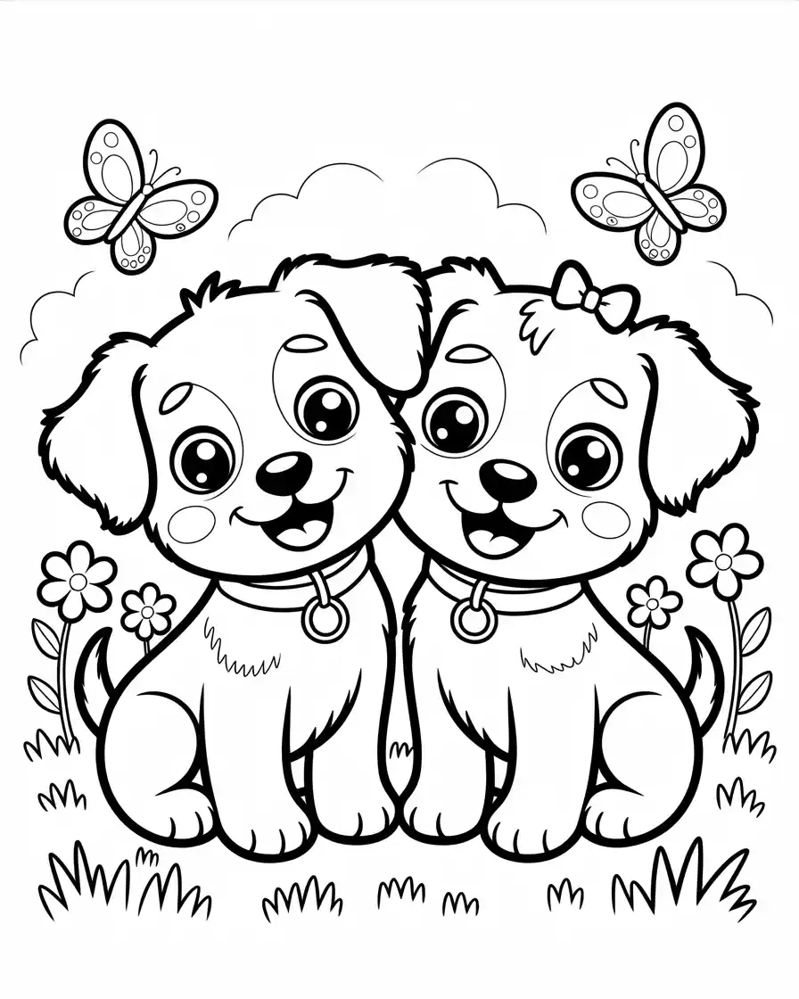 Dog Coloring Pages 24 cartoon puppies in lawn coloring page