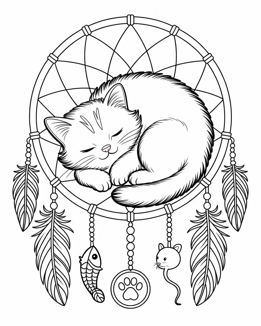 cat dreamcatcher with feather fish and mouse charm coloring page