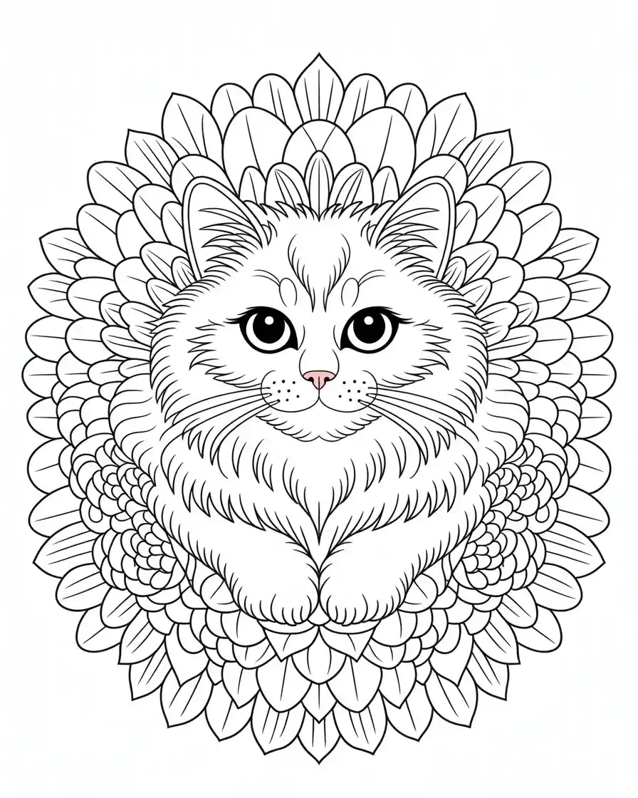 cat framed by intricate floral mandala coloring page 1