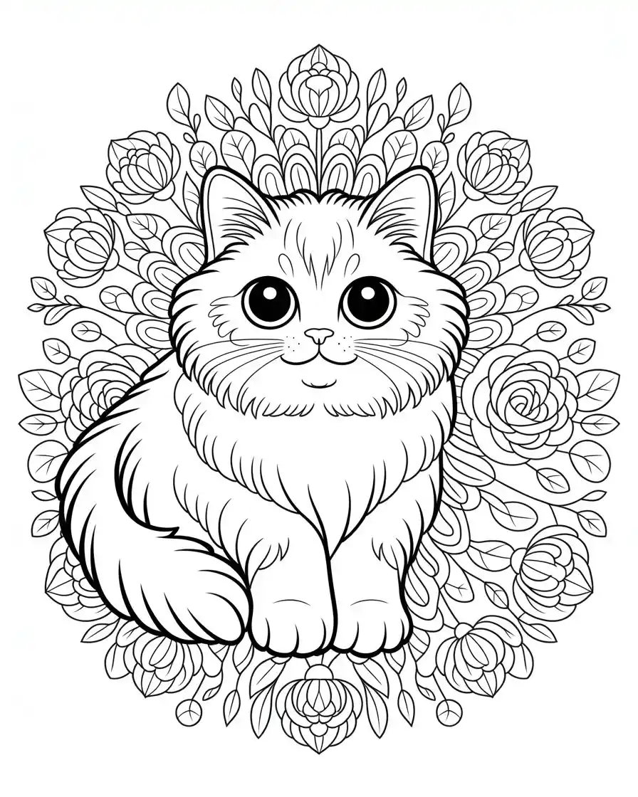 cat framed by intricate floral mandala coloring page 2