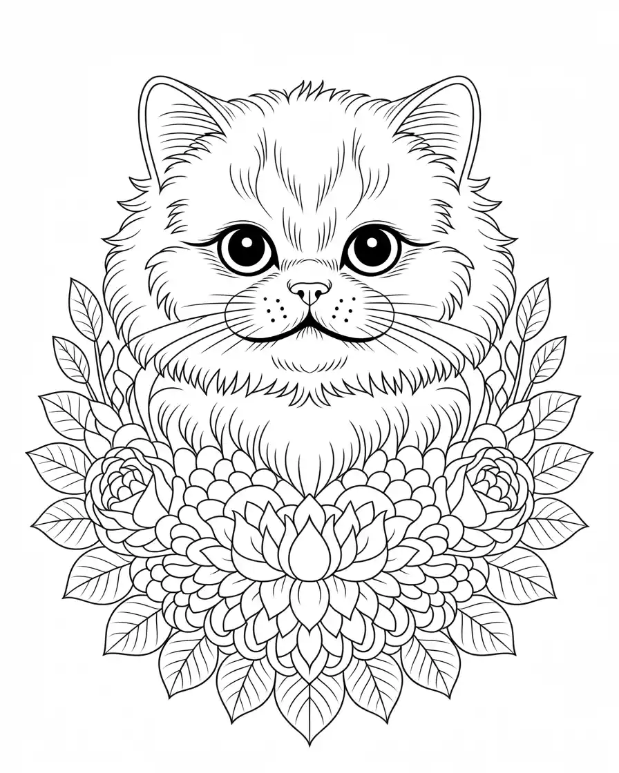 cat framed by intricate floral mandala coloring page