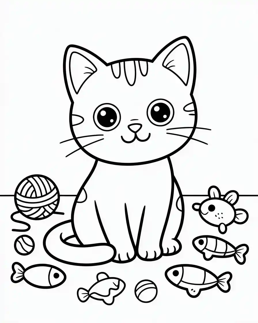 cat with toys and food