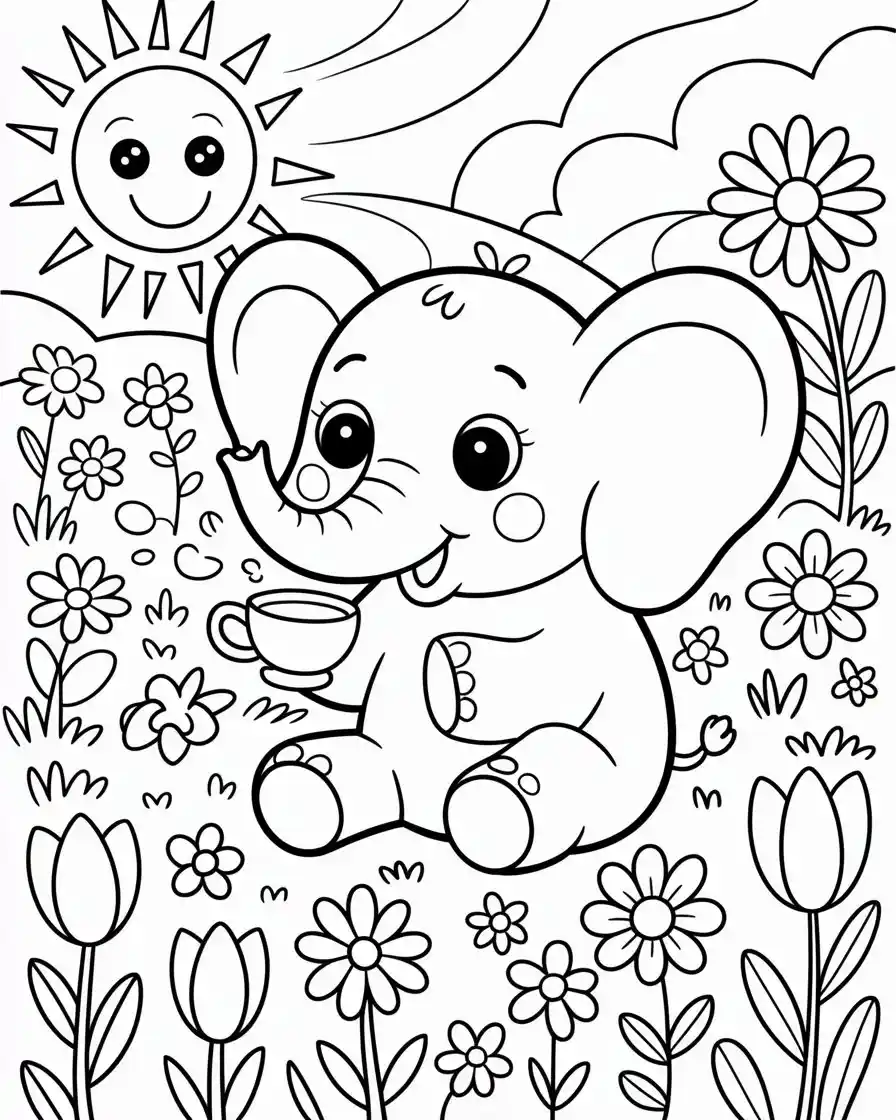 charming cartoon elephant in flower garden 1