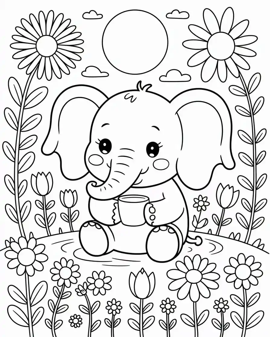 charming cartoon elephant in flower garden
