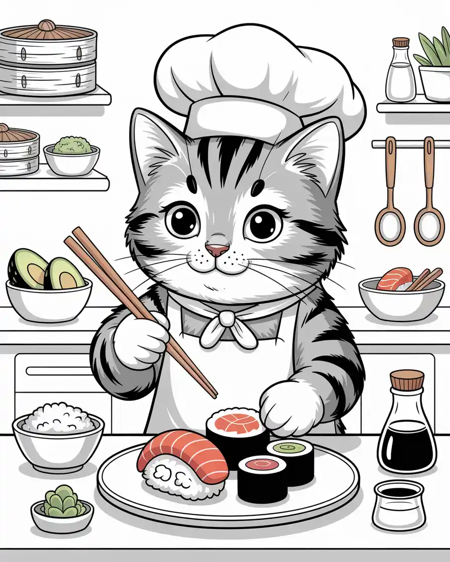 chef cat making sushi with chopsticks