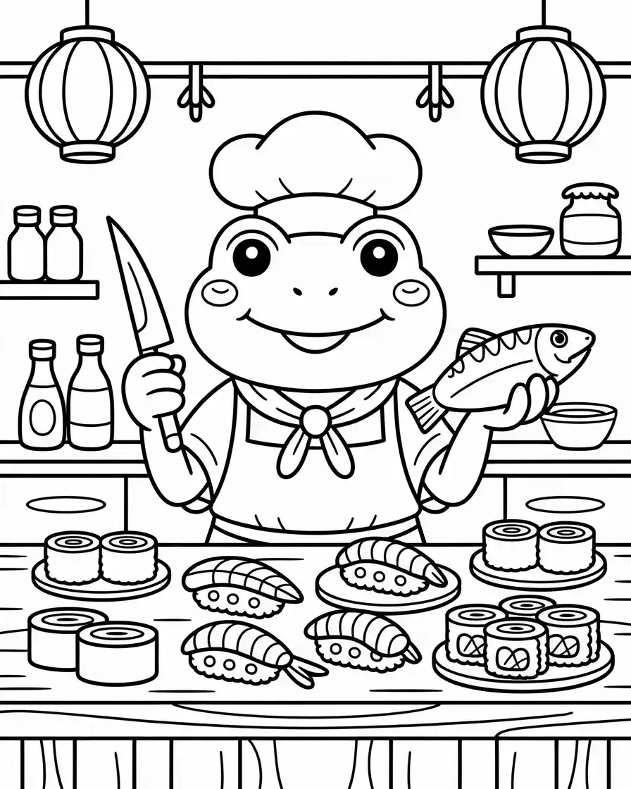 Frog Coloring Pages 5 chef frog making sushi in the kitchen 1