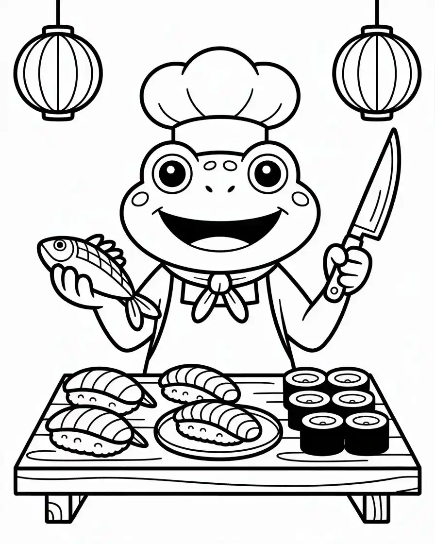 Frog Coloring Pages 6 chef frog making sushi in the kitchen