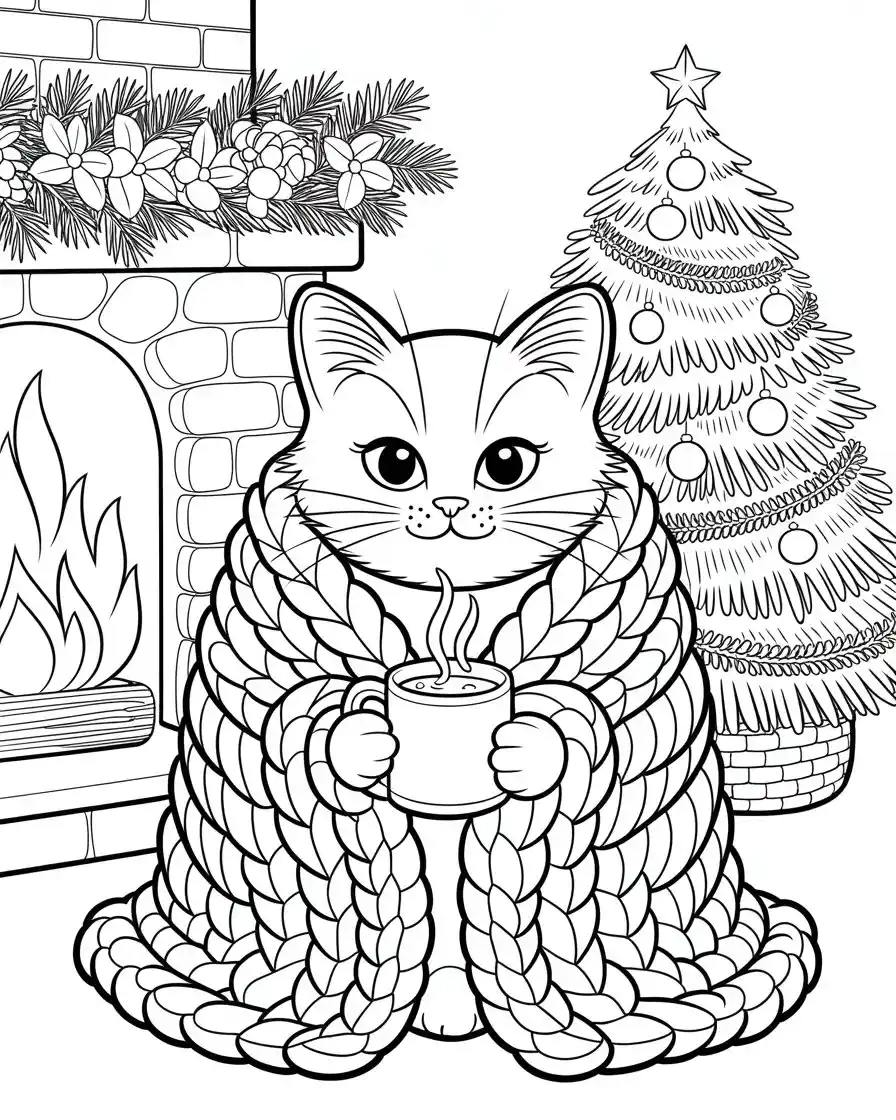 christmas cat wrapped in a wool blanket